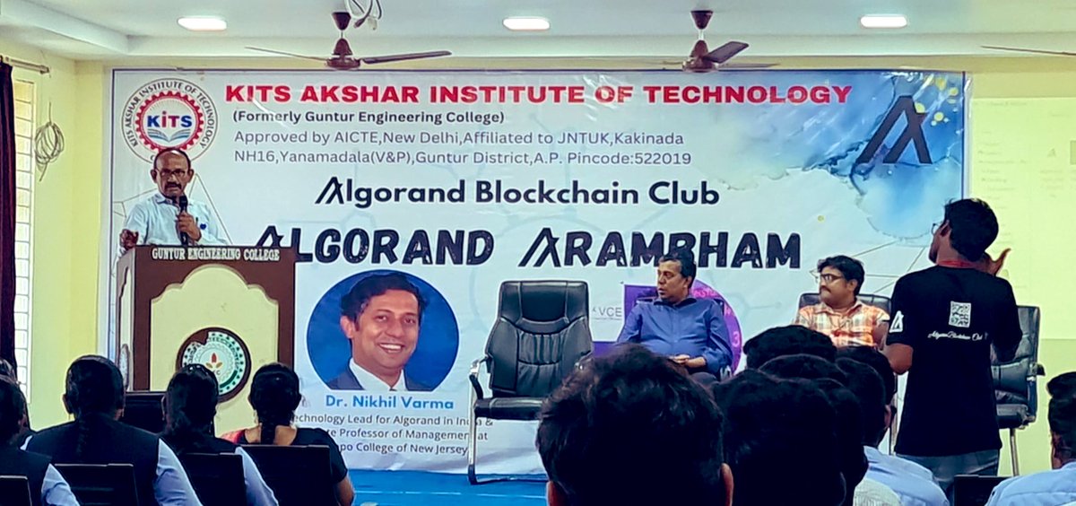 Algo_Bharat's tweet photo. An especially proud day for @AlgoFoundation in India!  

It’s been amazing to watch students start Algorand Blockchain Clubs on campuses across India over the past year. We also recently launched our blockchain developer training content on @nasscomfs for the thousands of young developers ready to take their Python skills to the next level. 

Today, the esteemed leadership at @kits_guntur University became the first to add Algorand’s blockchain application developer training content as a curriculum requirement for all of its CS students. Not a bad vote of confidence in the protocol built for scale!

We are honored to play this role in helping prepare the next generation of India’s developers.