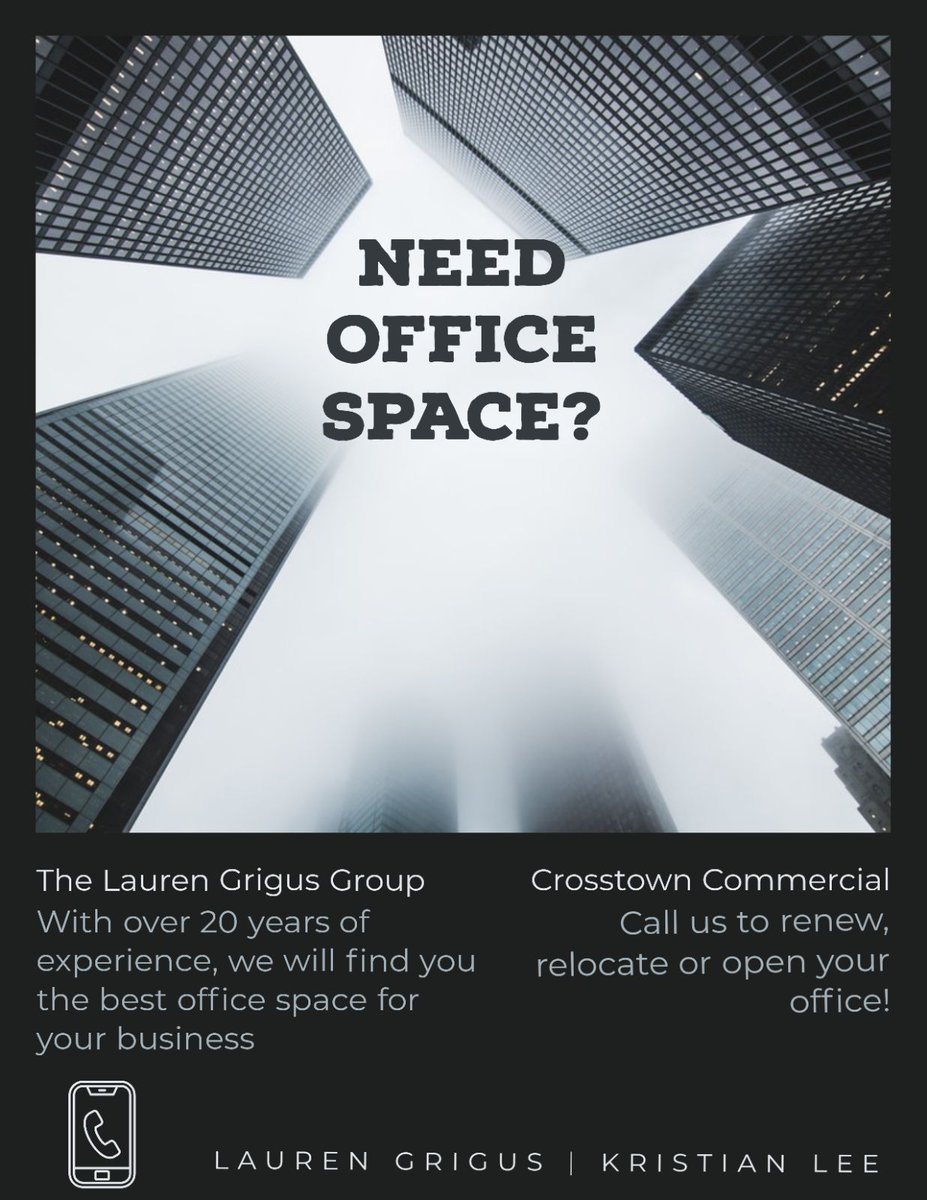 Looking for a new or bigger office space?  Contact the Commercial Brokers of the Lauren Grigus Group to renew, relocate, or open your office today!!!

Lauren Grigus and Kristian Lee with The Lauren Grigus Group at Crosstown Commercial 
📱(815) 407-7139 | 📱(815) 954-1749