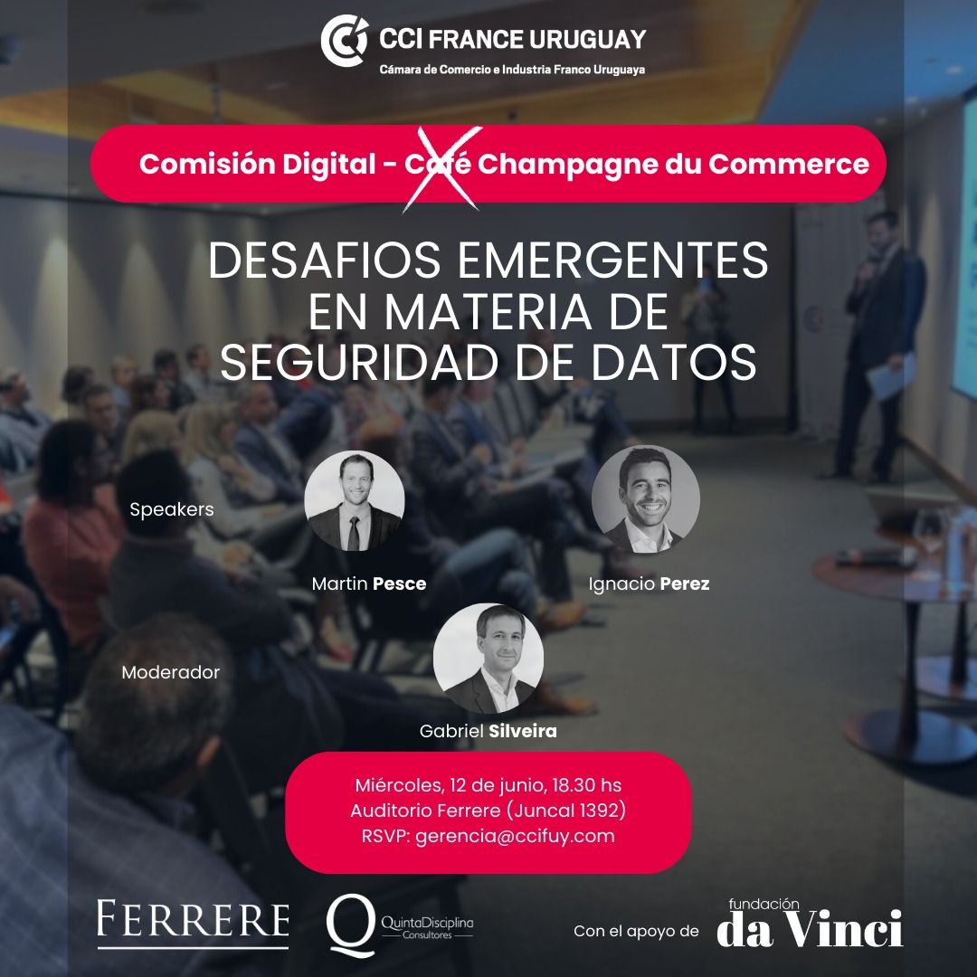 #URUGUAY
Nuestros profesionales, <a href="/GSilveira86/">Gabriel Silveira</a> y <a href="/PesceCutri/">martin pesce cutri</a>, participarán del conversatorio "Desafíos emergentes en materia de seguridad de datos", que organiza la <a href="/camara_francesa/">Cámara de Comercio e Industria Franco Uruguaya</a> y apoya FERRERE.

📅12/6
🕡18:30 h
📍Auditorio FERRERE
🔗Inscripciones: shorturl.at/9FEAb