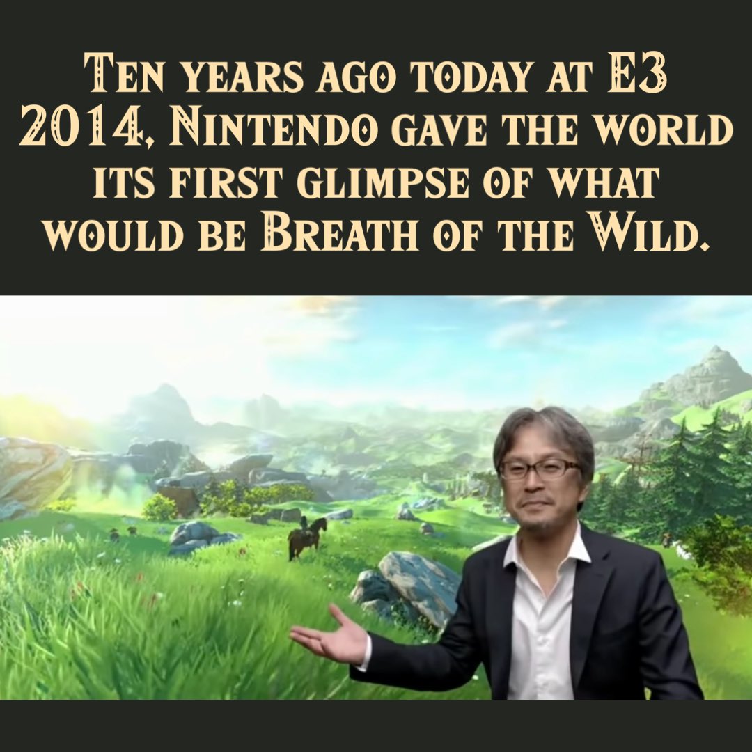 The_ArithmaCook's tweet photo. A decade ago today, Eiji Aonuma presented us with our first look at the Hyrule of Zelda WiiU, the game that we would come to know as The Legend of Zelda: Breath of the Wild. Almost hard to believe it’s been 10 years since the E3 2014 reveal. https://t.co/OoGT78fm7l