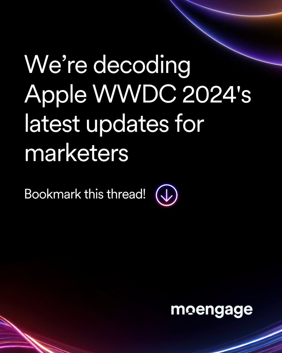 moengage's tweet photo. 🚀 It's #WWDC2024 time! 😎

Follow this thread as we unpack the latest updates from 
@Apple's Annual World Wide Developer Conference! 

We’re here to translate all the tech jargon into clear, actionable insights for marketers.

#MoEngageProTip: Bookmark this thread!

#AppleEvent https://t.co/QgPraWdK8u