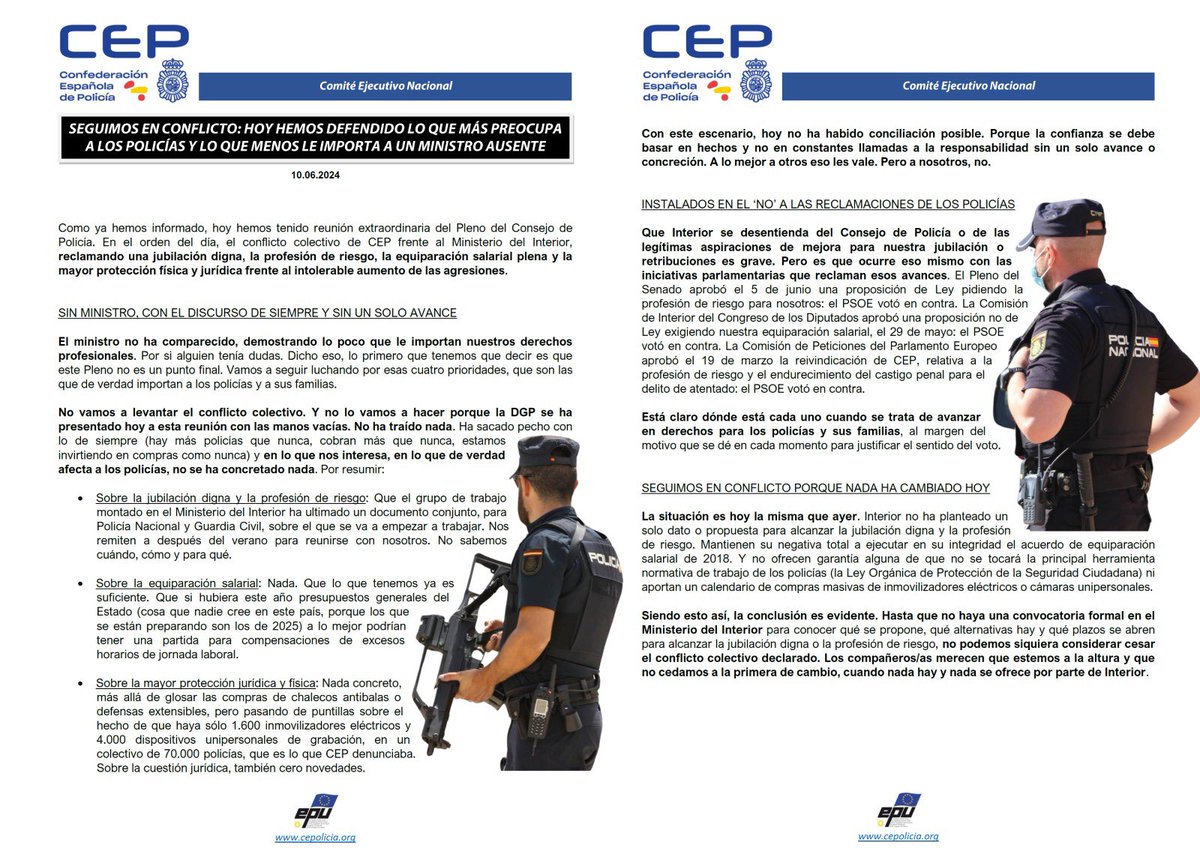 cep_cepolicia's tweet photo. 🚨 Nada. Con eso han venido Interior y la DGP al Pleno del Consejo de Policía donde se debatía el conflicto colectivo presentado por @cep_cepolicia. Conclusión: seguimos en conflicto mientras no haya avances en lo que más importa a los 70.000 compañeros/as. No merecen menos 🫡 https://t.co/gZpOD6pxb9