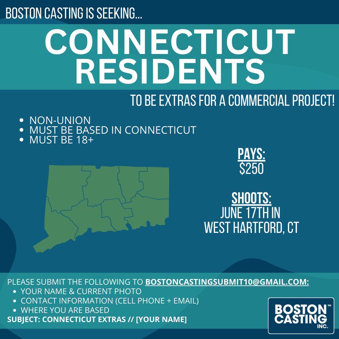 BostonCasting's tweet photo. CASTING: Connecticut Residents! 🎥 ⭐️ 

Submit to bostoncastingsubmit10@gmail.com:
⭐️ Name &amp; current photo
⭐️ Contact info (cell + email)
⭐️ Where you're based
SUBJECT: CONNECTICUT EXTRAS // [YOUR NAME]

#connecticut #westhartford #extrawork #backgroundwork #commercial https://t.co/Dp73MkGOxo