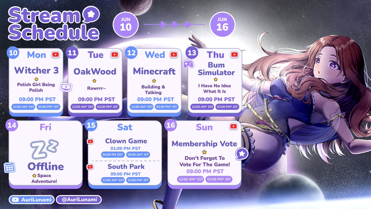 AuriLunami's tweet photo. 【Schedule For This Week | 10th June - 16th June】
#AuriIsLive https://t.co/bBx8ejl07P