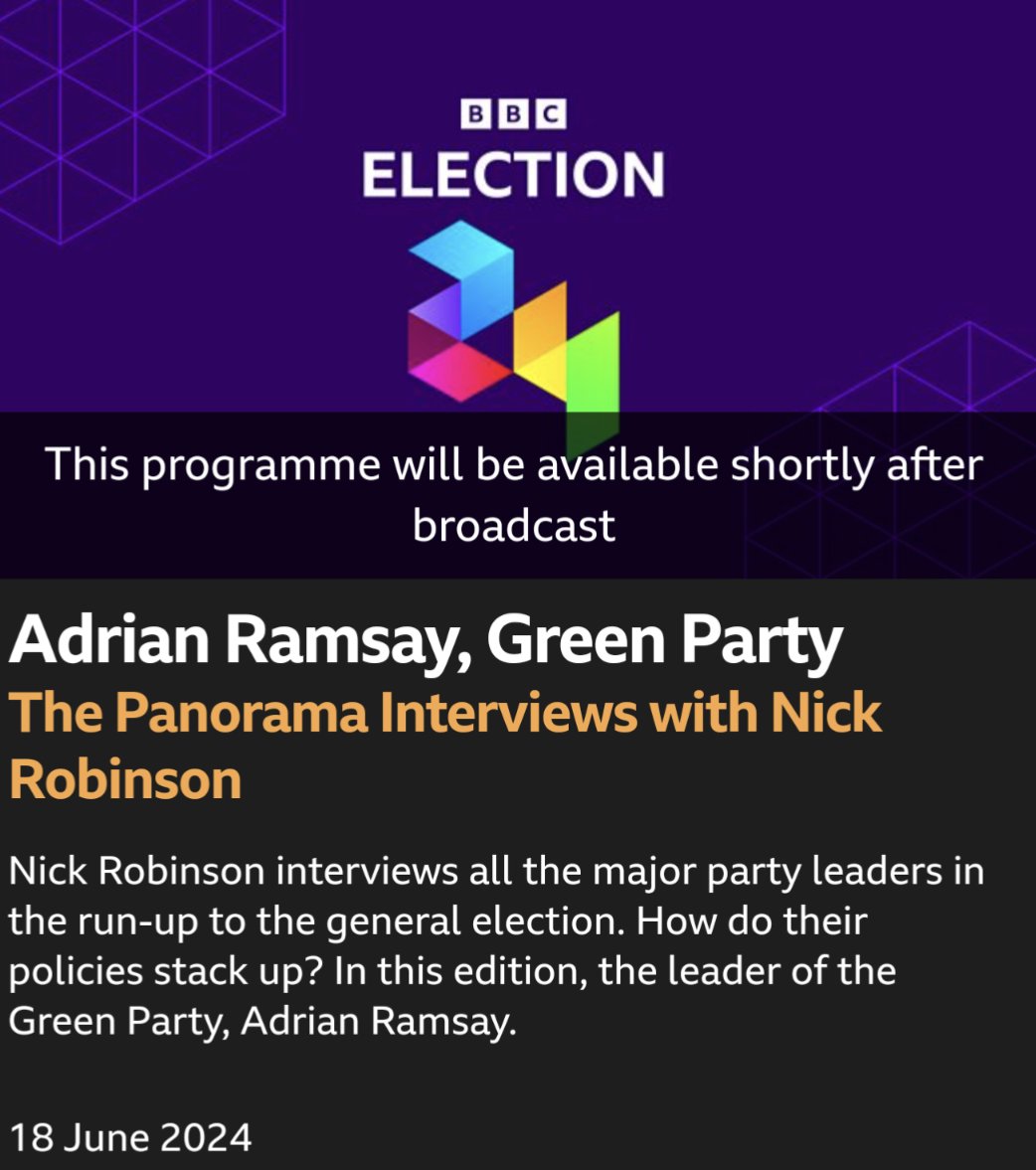 VoteGreen29's tweet photo. When is the #LeaderInterview with #AdrianRamsay by #NickRobinson?
TUESDAY JUNE 18th
Will be interesting to see diehard Tory @bbcnickrobinson react to an honest and ethical #GreenParty politician
Will Nick be playing gotcha or enlightening viewers with his #Panorama interview? https://t.co/0guNlWQgkO
