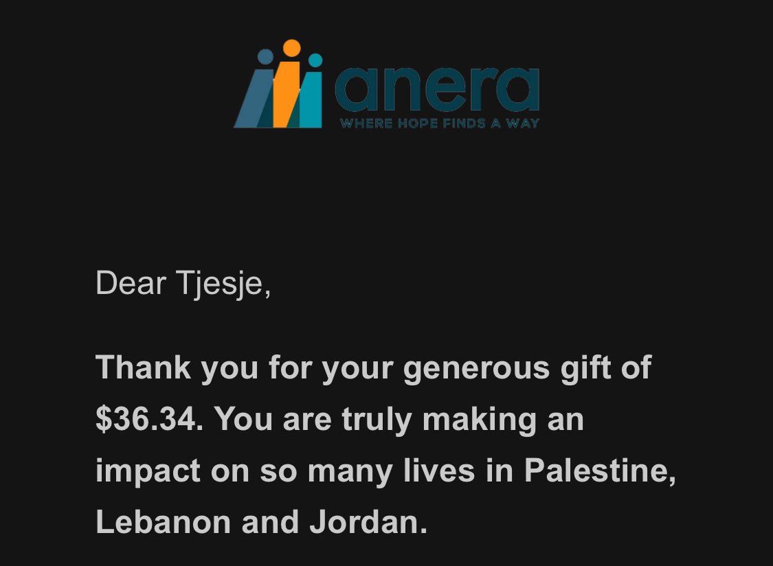 ttjesje's tweet photo. instead of getting extremely mad again i made another donation to ANERA to channel this into something actually helpful. it’d mean a lot if you could match and just 10$ can buy a family in need a blanket to stay warm. https://t.co/hFbbtuQkRR