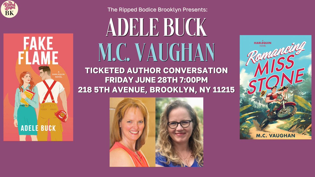 TheRippedBodice's tweet photo. We're hosting a Brooklyn event with authors Adele Buck and M.C. Vaughan on Friday, June 28th at 7pm. They will discuss their Harlequin Afterglow releases: Fake Flame and Romancing Miss Stone. 📚️

🎟️Tickets with $15 store credit:
https://t.co/jfmxyyWbw8

#TheRippedBodiceBK https://t.co/7SUQ5wt6vK