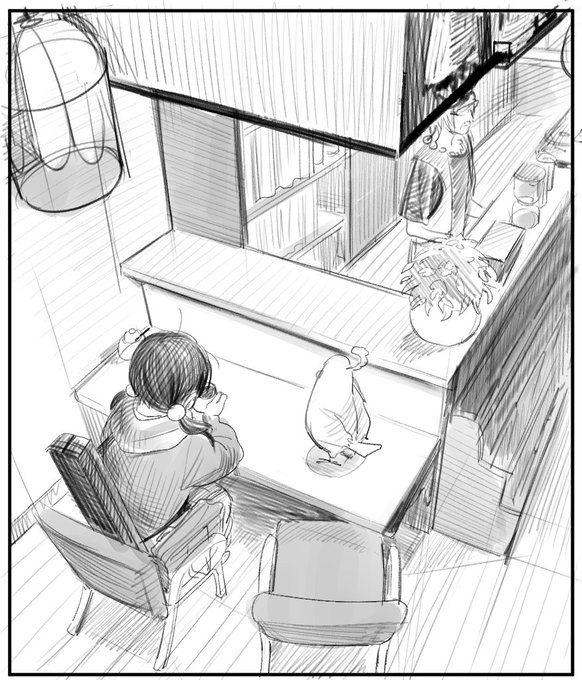 アニメの好きなシーンをオリジナルのアングルで描く練習 