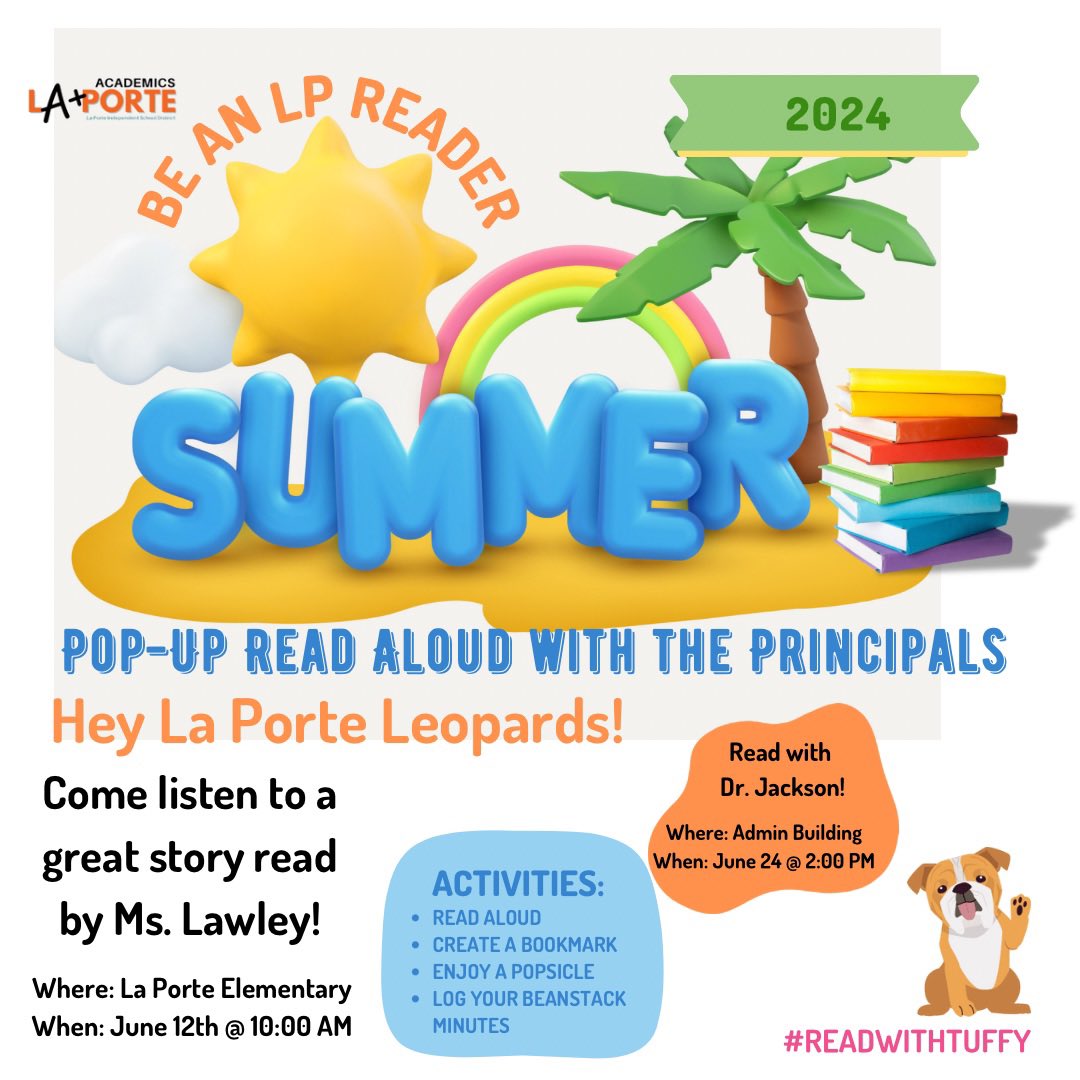 HalbardierELALP's tweet photo. @lpisd is hosting a series of Pop-Up Read Aloud with Principals events this summer and the @LPELeopards are kicking it off on Wednesday, June 12th. I hear there may be chalk and bubbles involved too! Come join us! @LPISDLibraries #LPlegacy #LPLitLegacy #ReadwithTuffy https://t.co/Dacjp6EinG