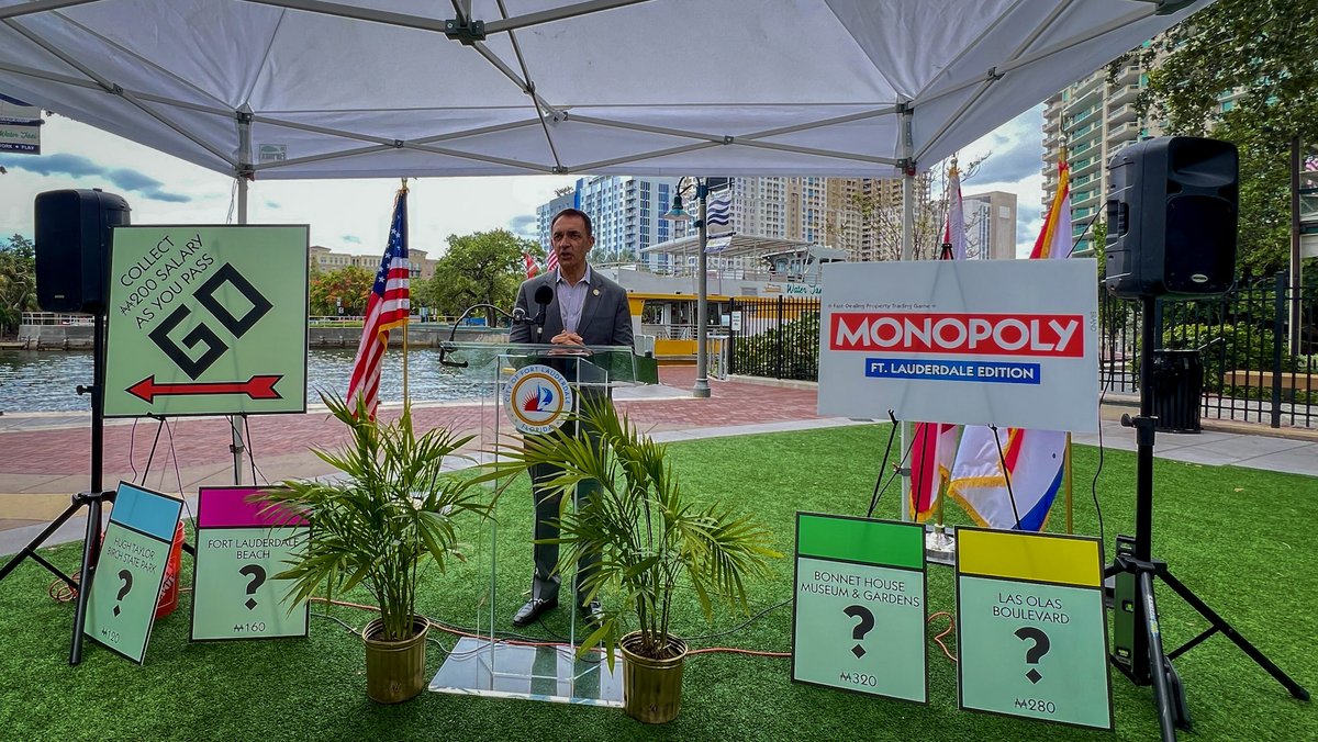 FTLCityNews's tweet photo. It’s official- today, Mayor Trantalis joined Vice Mayor Glassman & Mr. Monopoly to announce that Monopoly, THE iconic board game, is working on a #FortLauderdale version! 

This will be the first official version of the game for a South Florida city. 🎲
1/