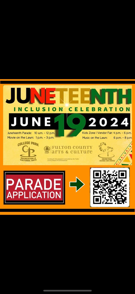 LaTashaGivens1's tweet photo. Join the Juneteenth Parade in #CollegePark a few slots are left for companies, organizations and friend groups to walk, ride or stroll in the parade! 

Sign up https://t.co/8NGVthY0Yo

PARADE 10 AM-12 PM 
MOVIE ON THE LAWN 1-3 PM 
VENDOR FAIR &amp; KIDS ZONE 4-8 PM 
MUSIC FEST 6-8 PM https://t.co/oqfhROsvK5
