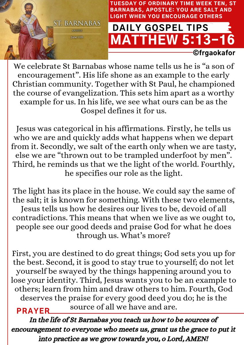 frgaokafor's tweet photo. #dailygospeltips #SaintBarnabas #SonOfEncouragement #SaltAndLight #HappyDay https://t.co/CLWNnSjAP7