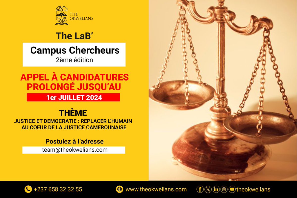 L'appel à candidatures pour la sélection des chercheurs.cheuses et des encadreurs.euses de la 2ème édition du programme Campus Chercheurs a été prolongé  jusqu'au 1er juillet 2024.
Dossier de candidature disponible 👇🏿theokwelians.com/elementor-3279/ 
#CampusChercheurs2024 #Droit #Cameroun