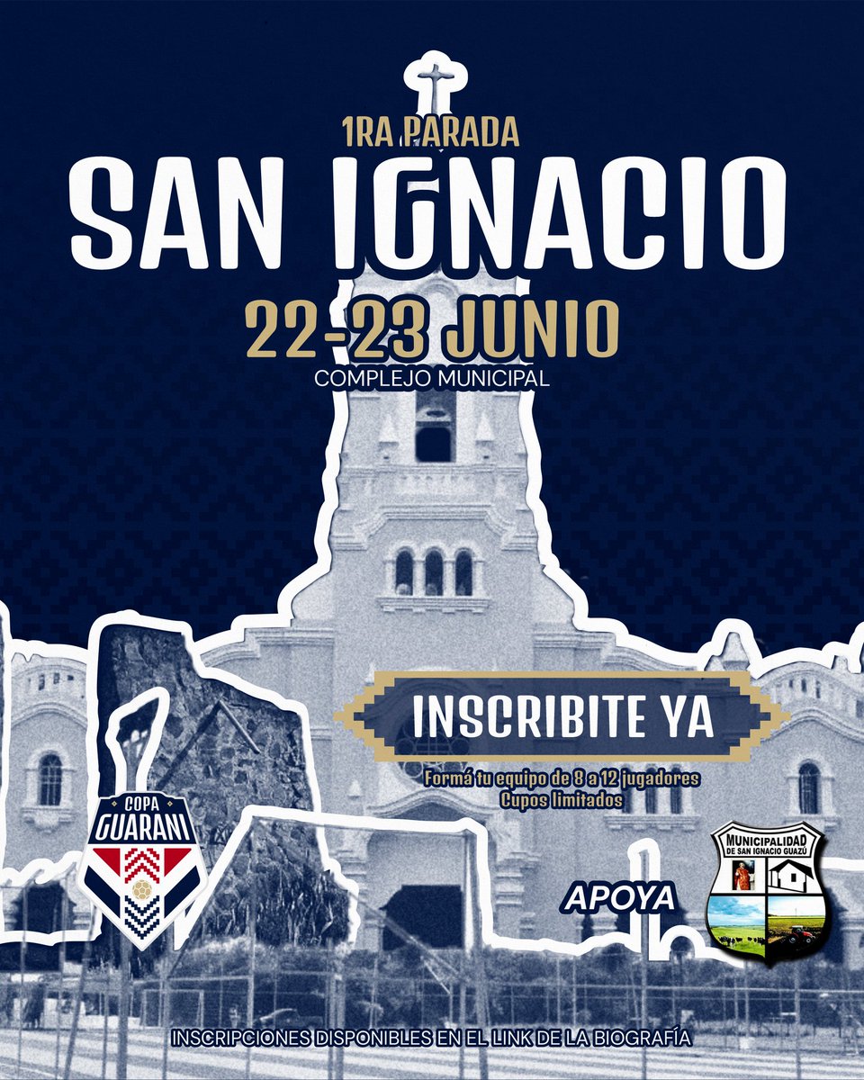copaguarani's tweet photo. 📍𝑷𝒓𝒊𝒎𝒆𝒓𝒂 𝑷𝒂𝒓𝒂𝒅𝒂: 𝐒𝐀𝐍 𝐈𝐆𝐍𝐀𝐂𝐈𝐎

¡Se acerca la primera edición de la #CopaGuarani! 🏆

🗓️ 22 y 23 Junio
🏟️ Complejo Municipal

📝 ¡Inscríbete ya en el link de nuestro perfil y sé parte de esta emocionante competencia!

⌛ Apurate que hay cupos limitados https://t.co/7NBYJWaLL1