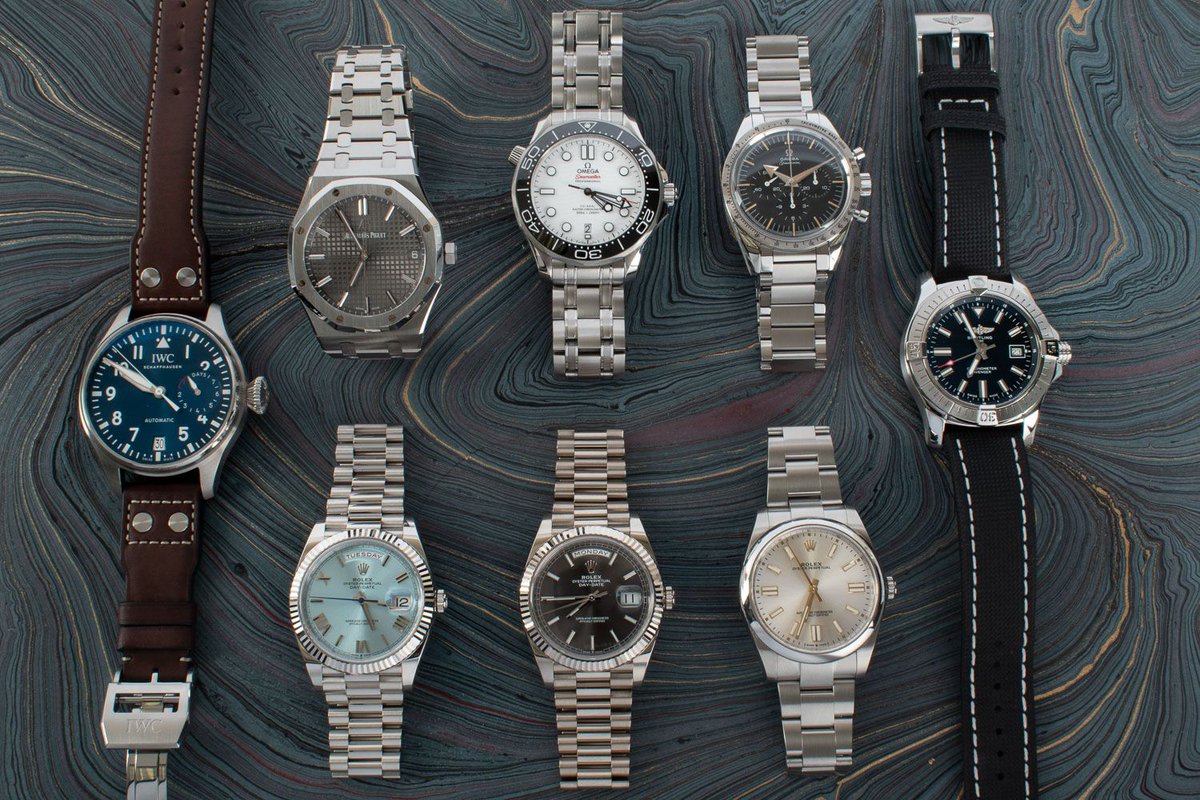 BernardWatch's tweet photo. https://t.co/bMbRaDc99h
Two 40mm Rolex Presidents: a platinum 228236 with the ice blue dial and a white gold 228239.  Other fine pieces include an OP41 with gold markers, Audemars Royal Oak 41mm, IWC Le Petit Prince, Omega ‘57 Trilogy &amp; Seamaster Diver, and a Breitling Avenger. https://t.co/N6h3Fs4bAi