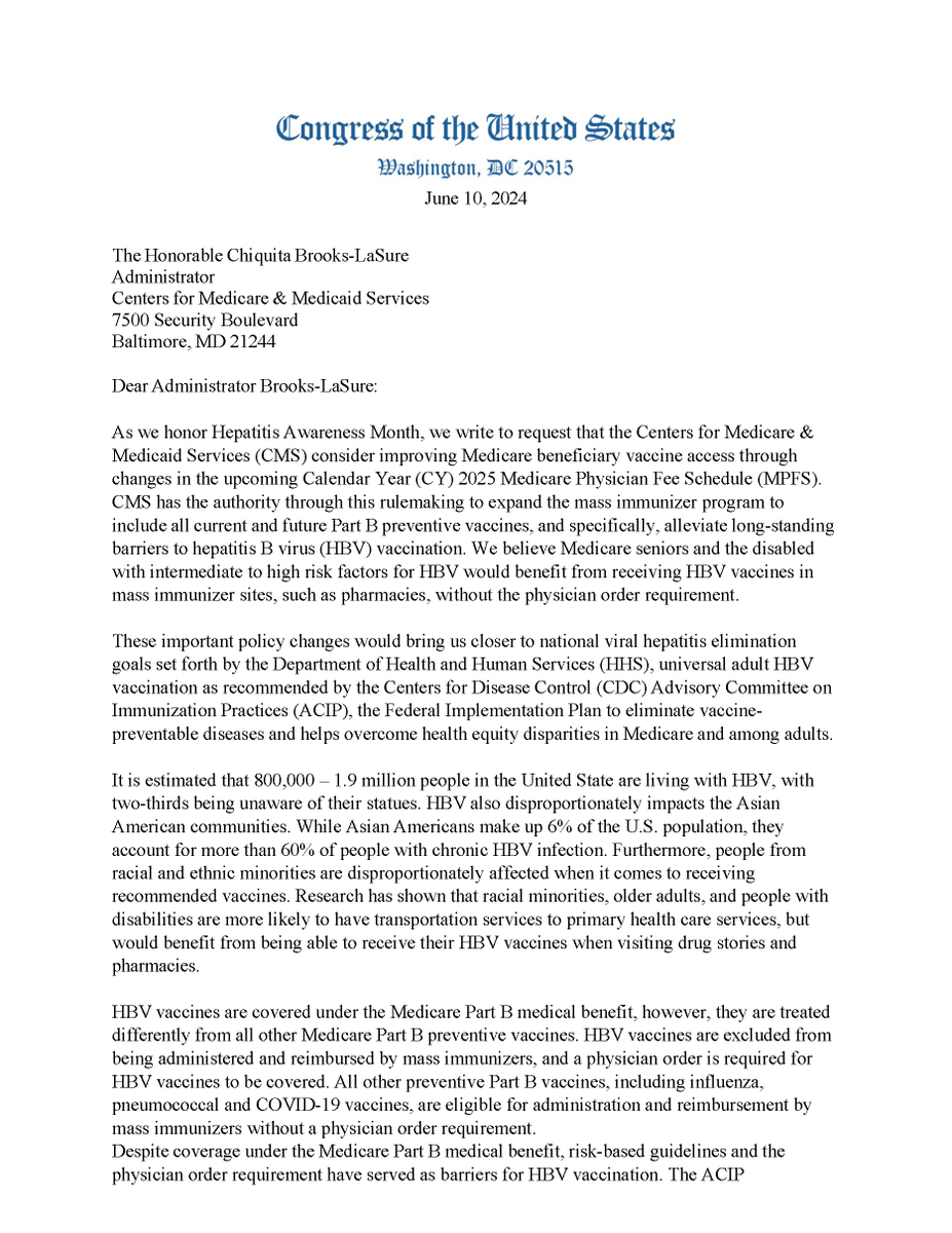 RepHankJohnson's tweet photo. I co-led a letter recommending @CMSGov take steps to facilitate enhanced beneficiary access to HBV vaccines - which would not only result in prevention of infections &amp; associated cost savings, but allow those on Medicare to be reimbursed for HBV vaccines w/out a physician order. https://t.co/Ohb4mgvYZH