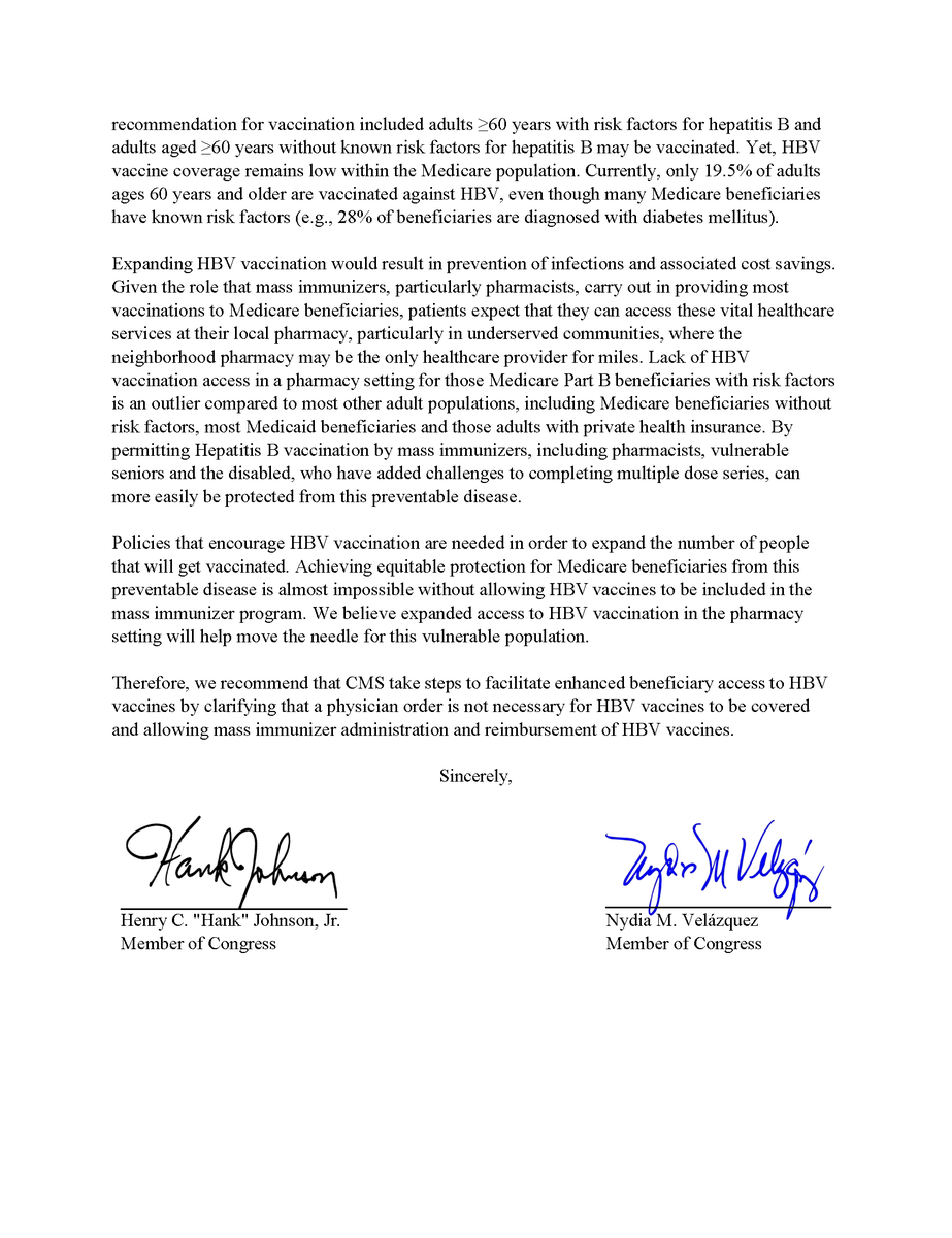 RepHankJohnson's tweet photo. I co-led a letter recommending @CMSGov take steps to facilitate enhanced beneficiary access to HBV vaccines - which would not only result in prevention of infections &amp; associated cost savings, but allow those on Medicare to be reimbursed for HBV vaccines w/out a physician order. https://t.co/Ohb4mgvYZH