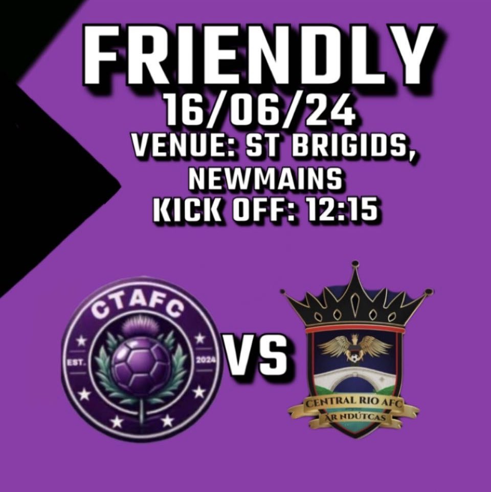 The club is delighted to announce its first ever fixture in its history against central Rio amateurs, hopefully we can see you loads of you down to support the guys. #COYT 🟣🟣🟣