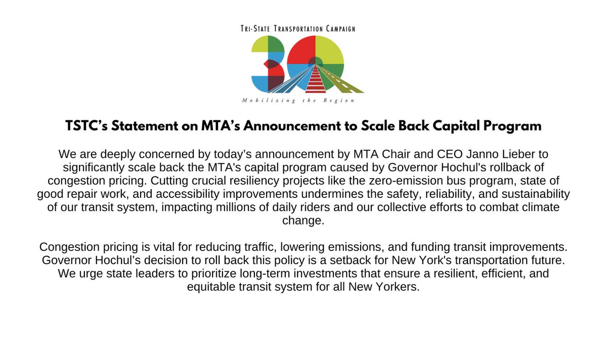 Tri_State's tweet image. Governor Hochul's decision to pause congestion pricing will have severe impacts on the MTA's ability to improve the system for today and protect the system for tomorrow.

Read our statement here.