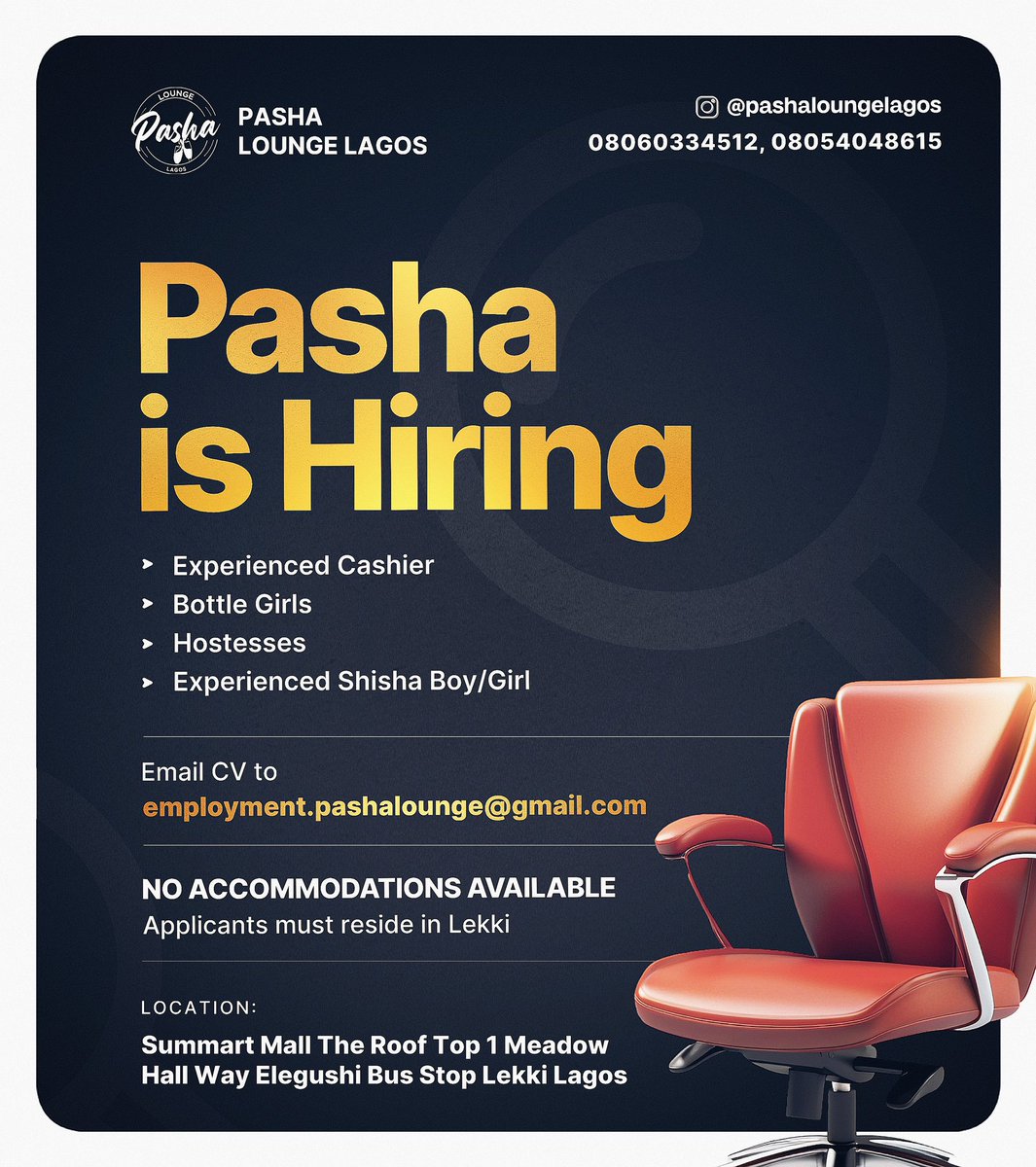 DJ Buzzle (@djbuzzle) on Twitter photo Pasha Lounge Lagos is Hiring in Lekki, Lagos. Send Your CVs to employment.pashalounge@gmail.com Be Ready to Work with Good Pay. No Accommodation. PLEASE RETWEET to Help the Economy Pasha Lounge Lagos is Hiring in Lekki, Lagos. Send Your CVs to employment.pashalounge@gmail.com Be Ready to Work with Good Pay. No Accommodation. PLEASE RETWEET to Help the Economy