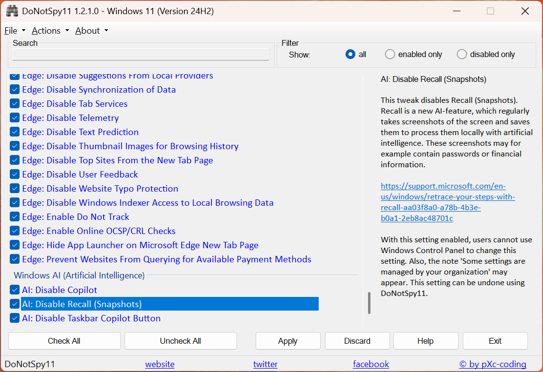 pXcCoding's tweet photo. DoNotSpy11 1.2.1.0 is out now! Disable Windows Recall -  check out the other changes! https://t.co/3RqigOE6kL #DoNotSpy11 #Windows #Privacy #Recall https://t.co/ieXxpJcHPT