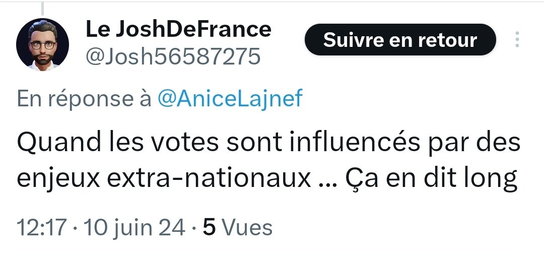 AniceLajnef's tweet photo. Un jour, j'ai pris une claque en écoutant les "3 conseils du bonheur" :

1/ il faut savoir gérer ses attentes et toujours prendre ce qui est bon à prendre ("manage your expectations")

2/ militer pour ce qui est juste

3/ ne pas polémiquer avec ceux qui sont aveuglés par leur "ignorance volontaire".

Ceux qui pensent que le massacre à Gaza ne les concerne pas, font partie de la troisième catégorie.

Ils croient savoir, mais ils ne savent pas. Ils s'arrêtent à la surface des choses, et ratent ou nient les raisons profondes des choses.

Certes il existe de nombreuses injustices dans le monde. Mais est-ce que nos dirigeants ou leurs principaux opposants politiques cautionnent publiquement et ostensiblement ces injustices ? La réponse est non.

Hier, les électeurs ont voté à 85% pour des partis qui cautionnent à la fois le massacre de masse à Gaza, et l'escalade dangereuse de la guerre en Ukraine !

Que peut-on faire pour une Nation autant dans l'erreur ? Prier au mieux, prendre du recul au pire.

Ceux qui pensent que leur pouvoir d'achat est plus important que le massacre de milliers d'innocents à Gaza se fourvoient.

Comment peuvent-ils penser que ceux pour qui ils ont votés, les défendront, alors que ces mêmes pantins sous influence défendent un pouvoir racialiste israéliens qui abuse de sa force, et dénigrent une population palestinienne opprimée depuis des décennies ?

Je ne souhaite de mal à personne. Au contraire, je continuerai à œuvrer pour le bien commun et pour mon pays tant que j'en aurais la force. Mais en mon fort intérieur, j'ai l'intime conviction que l'indifférence dont ont fait preuve la majorité des électeurs par rapport à "ce qui se passe à 3000 km de chez nous", se paiera cher un jour.

Les forces maléfiques qui ont fomenté la guerre en Ukraine ou qui commettent ou cautionnent le massacre à Gaza, sont les mêmes.

Les travailleurs et les citoyens "ordinaires" sont les derniers de leur soucis. Ils ne sont qu'une variable du problème, et s'il faut un jour sacrifier une partie de cette masse, ils n'hésiteront pas.

Peut-on encore espérer à un sursaut citoyen quand 85% de la population est en perdition à ce point ? À ce stade, seule la miséricorde de l'Eternel peut nous sauver de cette voie sombre que notre société a décidé sciemment de prendre.