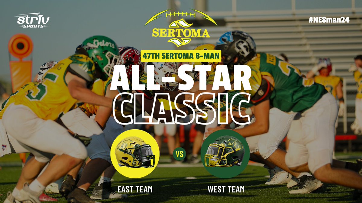 strivsports's tweet photo. The 2024 Sertoma @NE8manFB All-Star Classic is this Saturday🏈⭐️

🗓️ Saturday, 6/15
⏰ Kickoff 6pm
📍 @HastingsCollege 
🔗 https://t.co/TgpidgT26q
📺 Striv Sports Channel on mobile &amp; Roku/Fire TV apps

#nebpreps | #N8M https://t.co/NCfF14XJIK