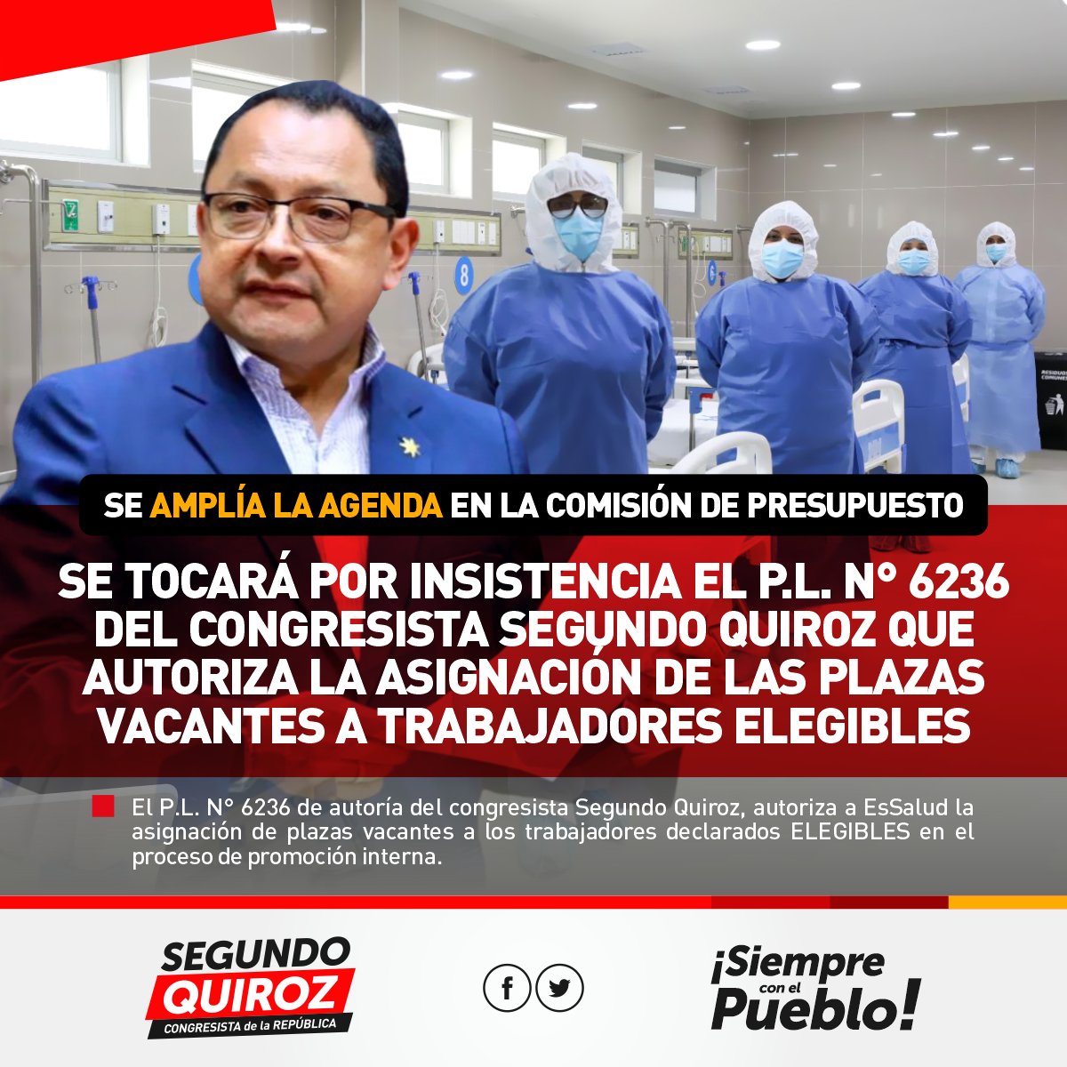 📌✅ Mañana martes 11 de junio, en la sesión de la Comisión de Presupuesto, se tocará por insistencia, mi Proyecto de Ley N° 6236, que autoriza a #EsSalud la asignación de plazas vacantes a los trabajadores declarados ELEGIBLES en el proceso de promoción interna.
