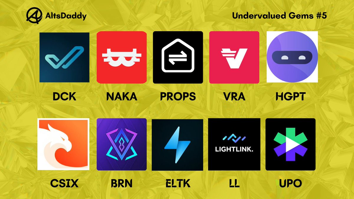 AltsDaddycom's tweet photo. These bargains aren't going to last! Here are more gems we added to our bag today: 💎

$DCK
$NAKA
$PROPS
$VRA
$HGPT
$CSIX
$BRN
$ELTK
$LL
$UPO

#altseason https://t.co/8At1cneNTa