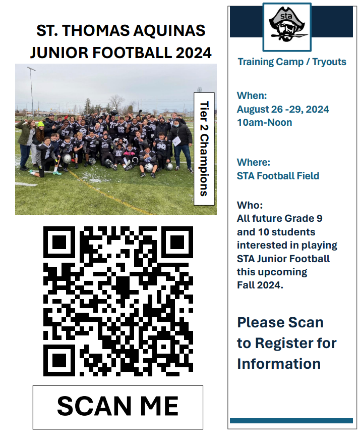 JUNIOR FOOTBALL INFO!!!  

Incoming grade 9s and those students going into grade 10, if you are interested in playing football in September, please register using the QR code.   

Training camp information is also listed.