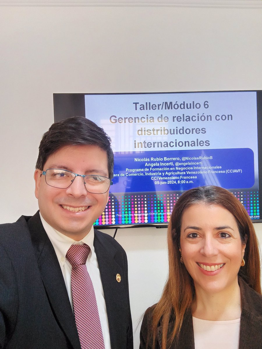 NicolasRubioB's tweet photo. Bonjour! El 05-jun-2024 estuvimos en la CCI Venezolano Francesa impartiendo nuestro taller/módulo 6 "Gerencia de relación con distribuidores internacionales" del Programa de Formación en #NegociosInternacionales.
@angelaincerti @cciavf #CCIAVF #NegociosInternacionalesCCIAVF
1/2 https://t.co/Xf9aX9jf7k