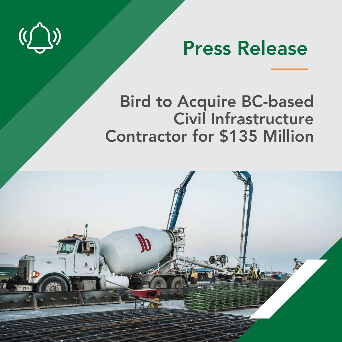 Bird is pleased to announce it has entered into a definitive share purchase agreement with Jacob Bros Construction, based in Surrey, BC. The acquisition is subject to gov’t regulatory approval, anticipated early Q3 2024. Press release: bird.ca/who-we-are/new…
