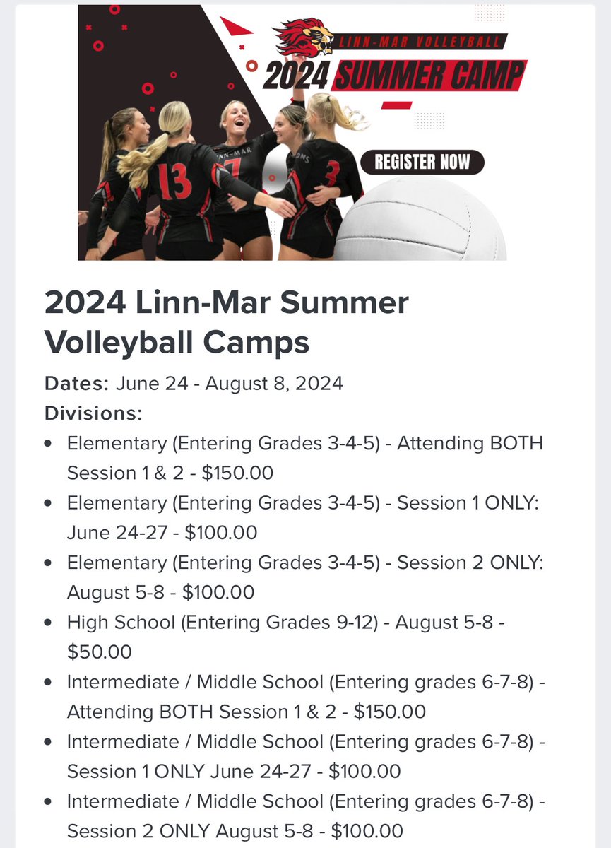Our June camp is coming up in just two weeks. Register by this Wednesday to guarantee a camp shirt! All registration is done through Bound! 
gobound.com/ia/schools/lin…