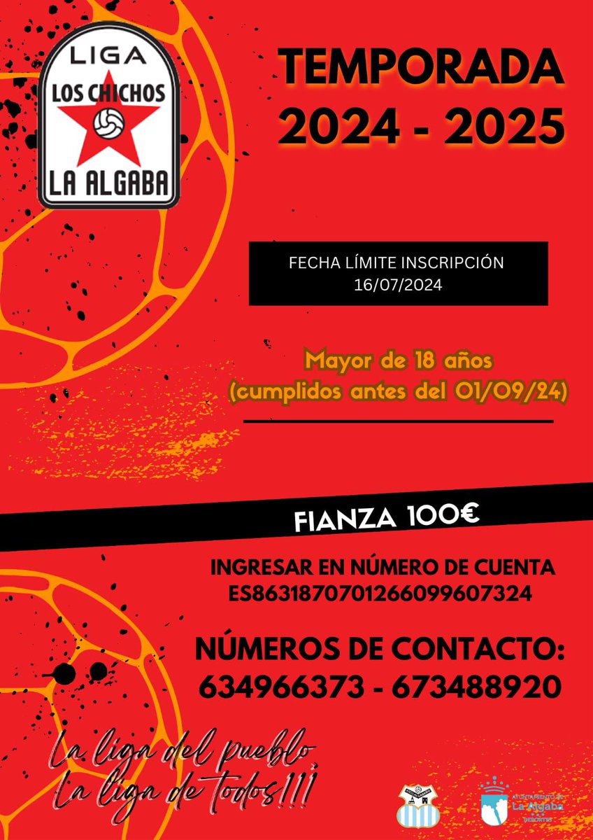 🚨🚨QUE SÍ SEÑORES, QUE ESTAMOS DE VUELTA OTRO AÑO MÁS, VUELVE LA MEJOR LIGA DEL MUNDO AL MUNICIPAL 🚨🚨

VUELVE LA LIGA DEL PUEBLO, LA LIGA DE TODOS, TU LIGA LOS CHICHOS

COMENZAMOS LA TEMPORADA 24-25 🏆

#LIGALOSCHICHOS
#LALIGADELPUEBLO
#LALIGADETODOS
#TEMPORADA2425