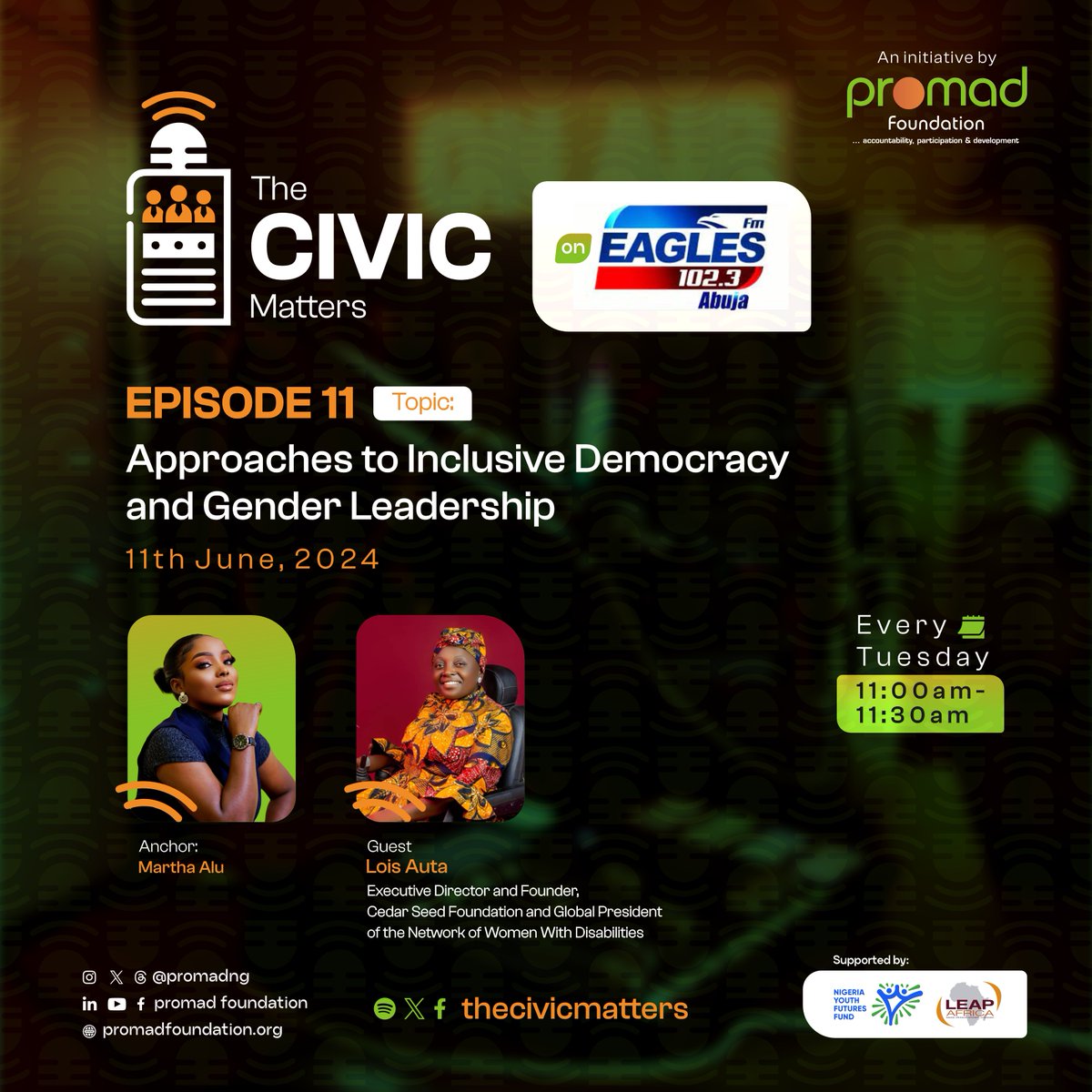 thecivicmatters's tweet photo. 📻 Tune in tomorrow at 11 am for the 11th episode of #TheCivicMatters with our guest, Lois Auta, founder  of @CedarSeedFound on Eagles FM Abuja! 

We'll explore "Approaches to Inclusive Democracy and Gender Leadership." 

Don't miss it!
#InclusiveDemocracy #GenderLeadership #AYPG https://t.co/SmW8dA3ozo