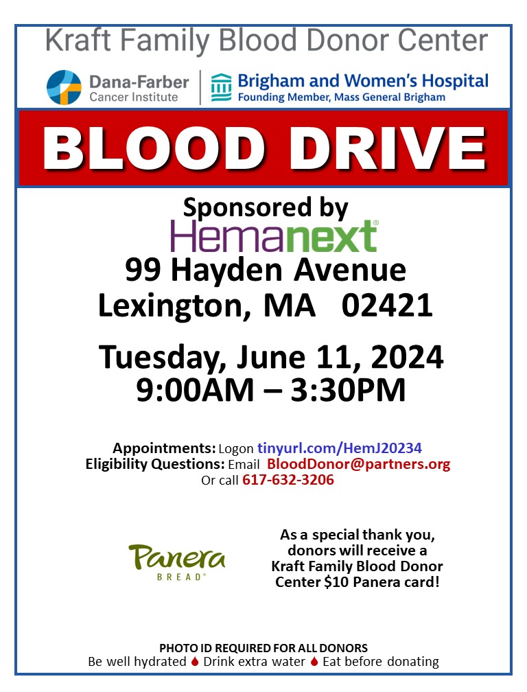Kraft Family Blood Donor Center
<a href="/KraftBloodDonor/">Kraft Family Blood Donor Center</a>
·
May 14
📷The Kraft Center #BloodMobile will be traveling Lexington, Tuesday, June 11, 2024  Stop by this fantastic blood drive and #BeAHero for our patients at  Dana-Farber and Brigham Women's #donateKraft Family Blood Donor