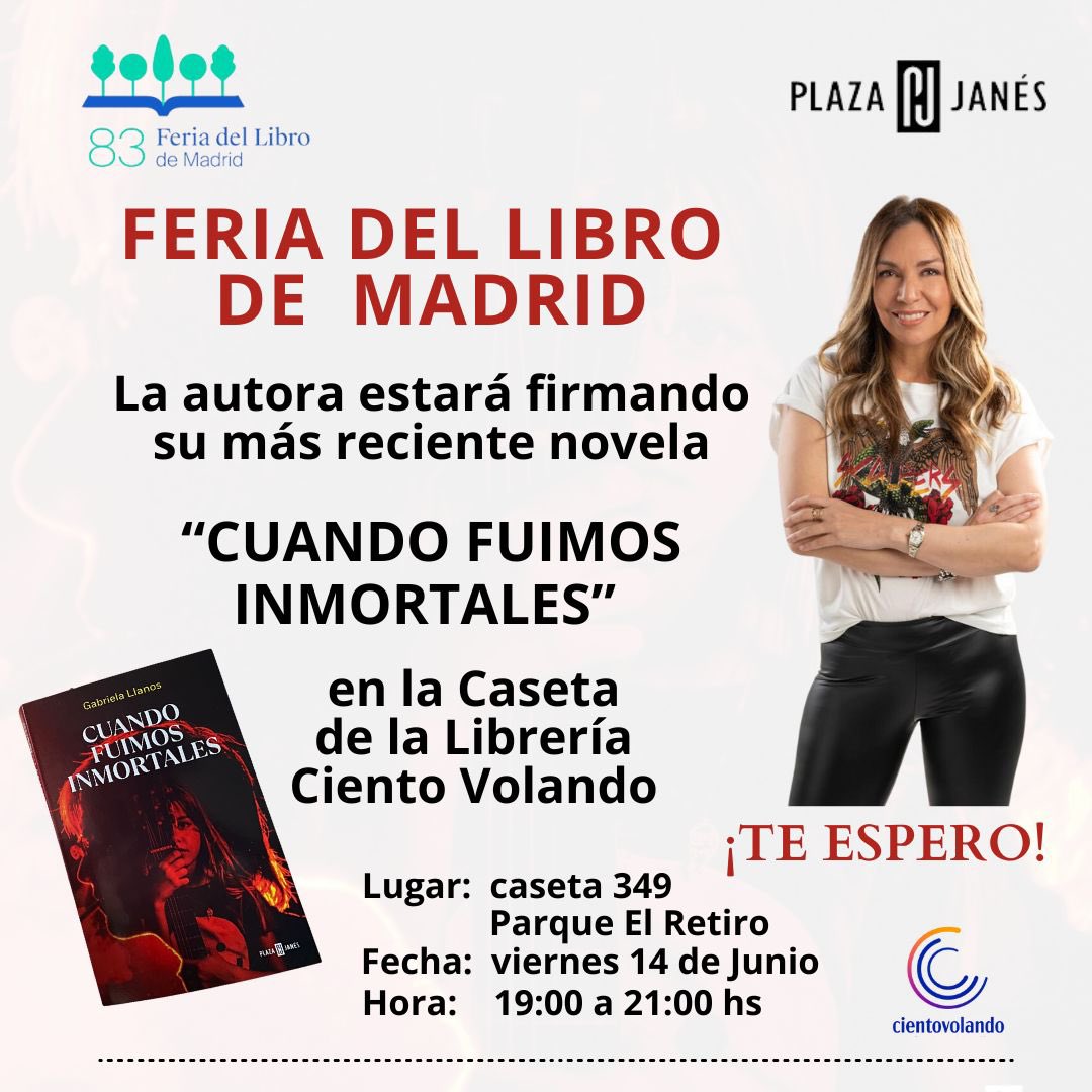 Este viernes te espero en la Feria del Libro de Madrid. Caseta 349 de libreriacientovolando desde las 19:00h a las 22:00h.
Estaré firmando mi novela “Cuando fuimos inmortales” <a href="/plazayjanes/">Plaza&Janes Lectores</a>