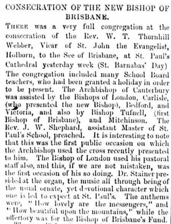 AustAnglican's tweet photo. 11 June 1885: consecration of the Rev. William Thomas Thornhill Webber (1837-1903), Vicar of St John the Evangelist, Holborn, @StPaulsLondon, to succeed M B Hale as 3rd Bishop of Brisbane. #anglican #139years No.25 in the Australian episcopate. "Dr Stainer presided at the organ." https://t.co/K0tLCf0t5G