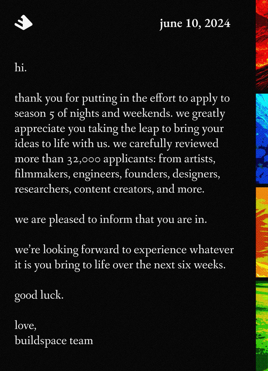 Woohooo 🥳😍 Excited to be part of <a href="/_buildspace/">buildspace</a>'s s5. 
Hope to make more progress towards my idea. 

#buildspace
#nightsweekends