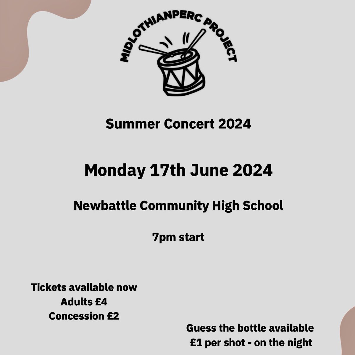 MidlothianPerc's tweet image. The #MidlothianPercProject Summer Concert
Monday 17th June @ 7pm
Tickets: £4 Adult/£2 Conc. cash on the door

Teas &amp;amp; Coffees available
Guess the Bottle £1 a guess

#MidPercTraining #MidPercEnsemble
