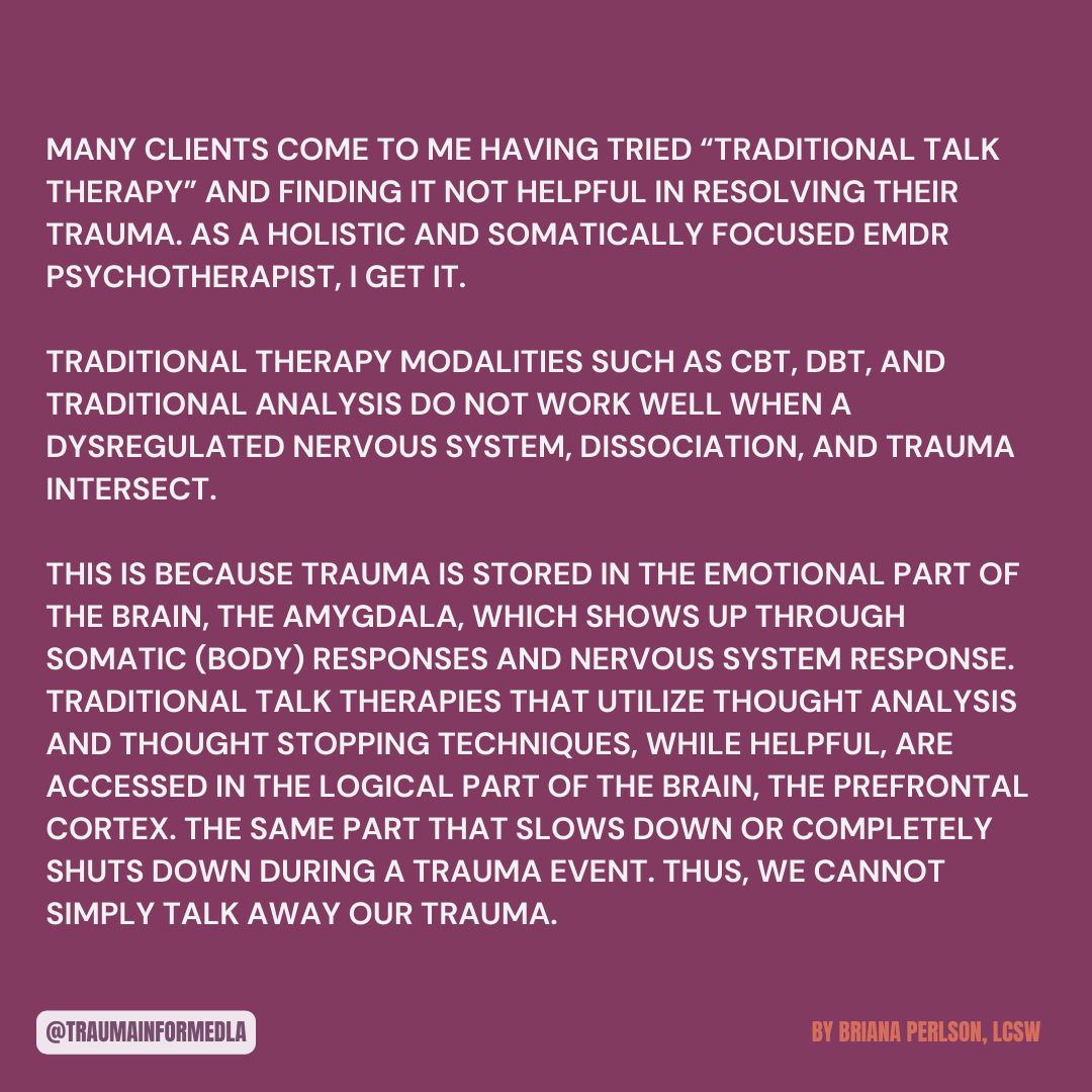 traumainformdla's tweet image. Happy Mindful Monday!! ☀️

This week&apos;s piece by Briana Perlson, LCSW, focuses on exploring different types of therapy and how healing looks different for everyone!💛 

Visit our website for more content 
To view previous blog posts, visit our blog! 

#traumainformedla #blogday