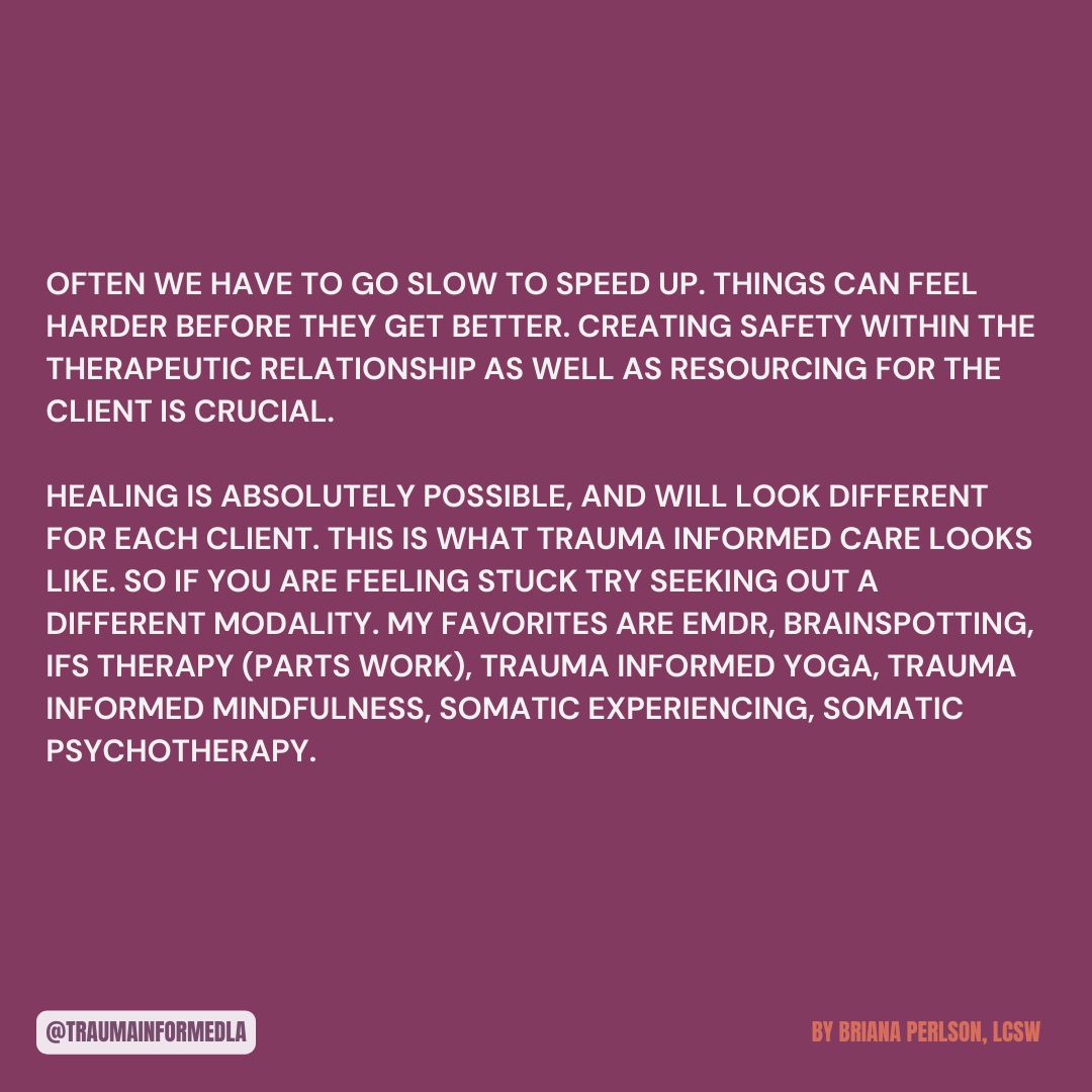 traumainformdla's tweet image. Happy Mindful Monday!! ☀️

This week&apos;s piece by Briana Perlson, LCSW, focuses on exploring different types of therapy and how healing looks different for everyone!💛 

Visit our website for more content 
To view previous blog posts, visit our blog! 

#traumainformedla #blogday