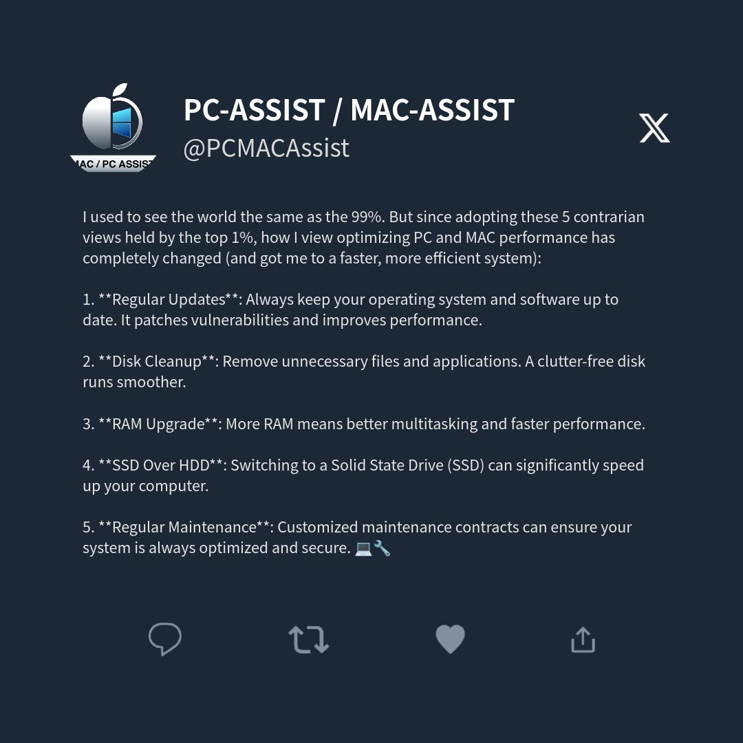 PCMACAssist's tweet image. Visit our website: mac-pc-assist.com for more tips and personalized IT solutions to keep your systems running at their best! Share or comment if you found these tips helpful! #PCOptimization #MACPerformance #TechTips