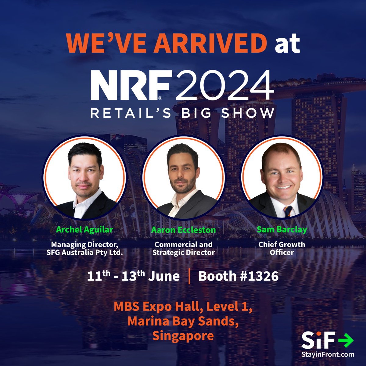 StayinFront's tweet photo. Come and say hello at booth #1326! We will be here over the next 3 days showcasing our award-winning retail optimization solution. See you there!
#NRF #NRFAPAC #fasttrackyoursuccess #retailinnovation #retail #futureofretai https://t.co/YtHc0Uh59O