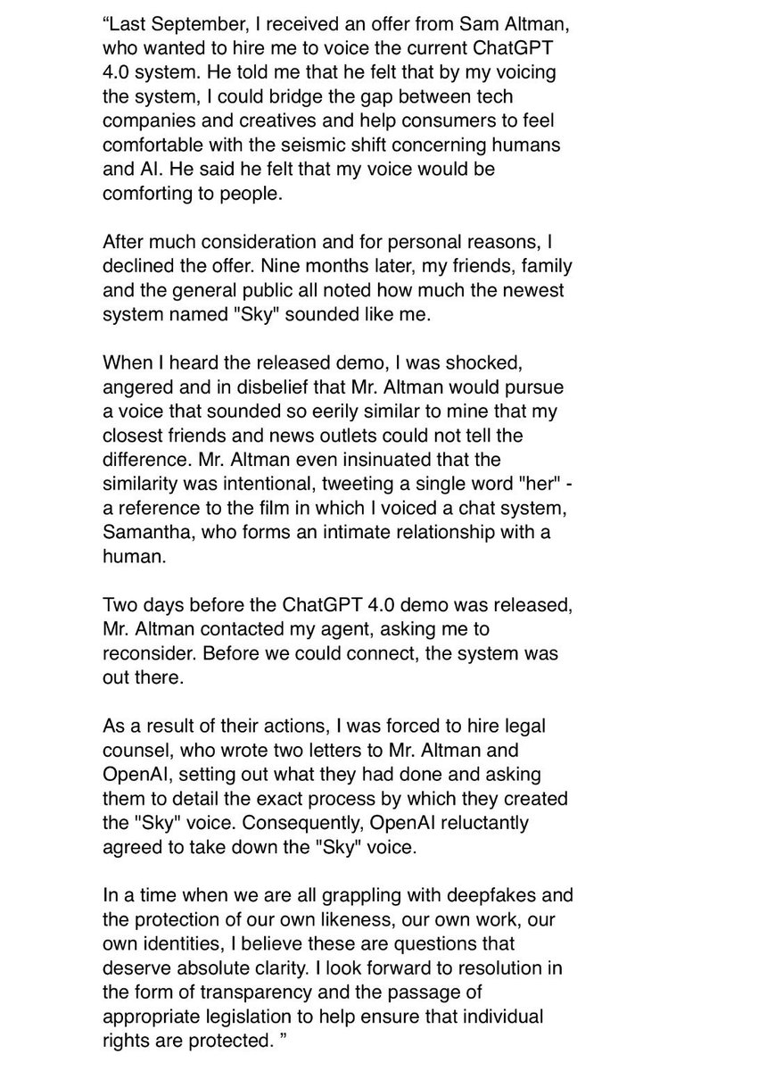 RetirementUnity's tweet photo. @cb_doge Statement from Scarlett Johansson on the OpenAI situation. Wow: https://t.co/a4a7n2rzMm