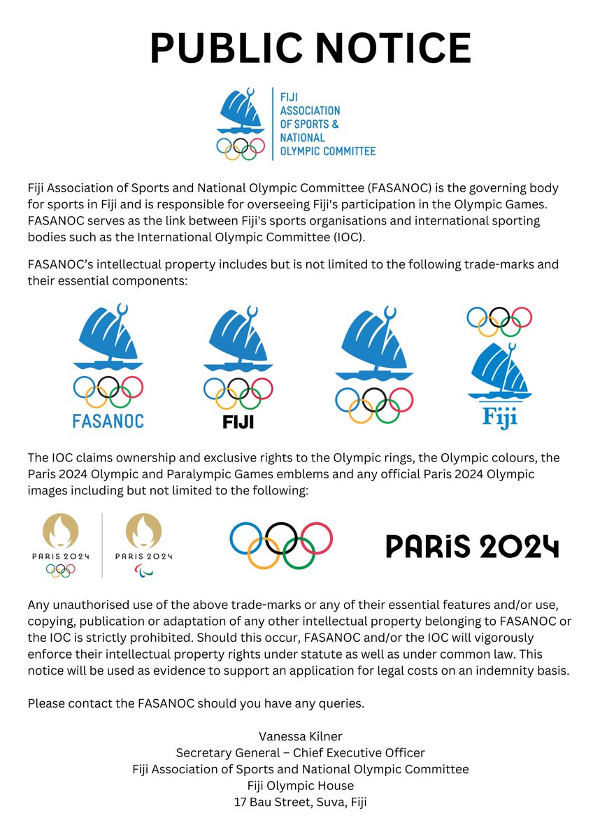 Fiji Association of Sports and National Olympic Committee intellectual property includes but is not limited to the following trade-marks and their essential components pictured below: