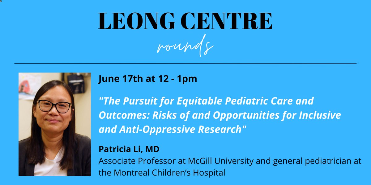 Edwin S.H. Leong Centre for Healthy Children (@leongcentre) on Twitter photo 👏Join our next Leong Centre Rounds on June 17 with Dr. Patricia Li (<a href="/McGill_SPGH/">McGill School of Population and Global Health</a>)! This session will discuss strategies for advancing #EDI in research w/parents & youth from equity-deserving communities. Learn more & register: leongcentre.utoronto.ca/event/pursuit-… 👏Join our next Leong Centre Rounds on June 17 with Dr. Patricia Li (<a href="/McGill_SPGH/">McGill School of Population and Global Health</a>)! This session will discuss strategies for advancing #EDI in research w/parents & youth from equity-deserving communities. Learn more & register: leongcentre.utoronto.ca/event/pursuit-…