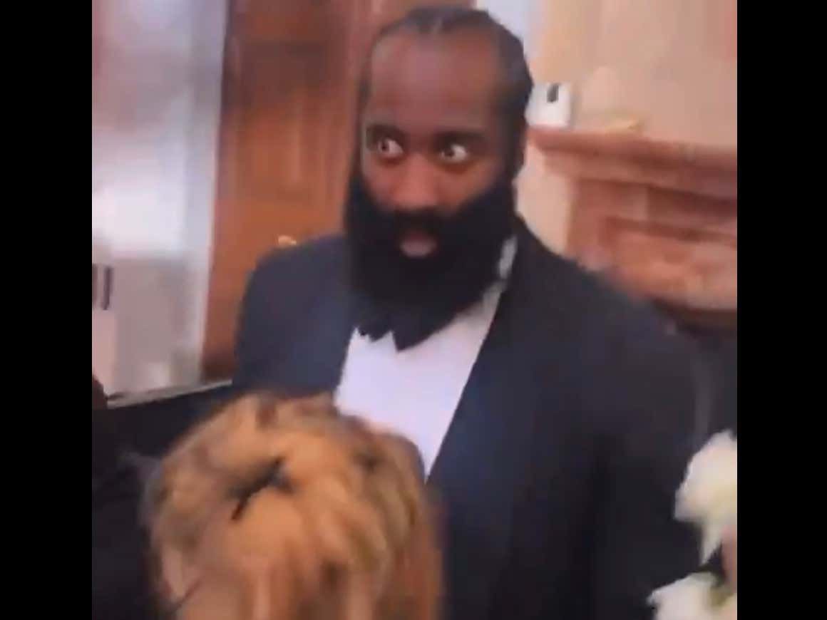 barstoolsports's tweet photo. James Harden's Reaction To His Girl Catching The Bouquet At A Wedding Is Fucking Hilarious https://t.co/T106uVpBGN https://t.co/04Q7YGSSL5