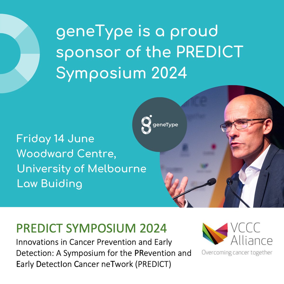The Prevention and Early Detection of Cancer Network (PREDICT) Symposium 2024 is happening this Friday, 14 June in Melbourne. #geneType is proudly sponsoring the Symposium this year alongside <a href="/NBCFAus/">NBCF Australia</a>. More: vcccalliance.org.au/news-and-event… <a href="/VCCCAlliance/">VCCC Alliance</a> <a href="/Cancer_Research/">Australian Cancer Research Foundation</a> #cancerprevention