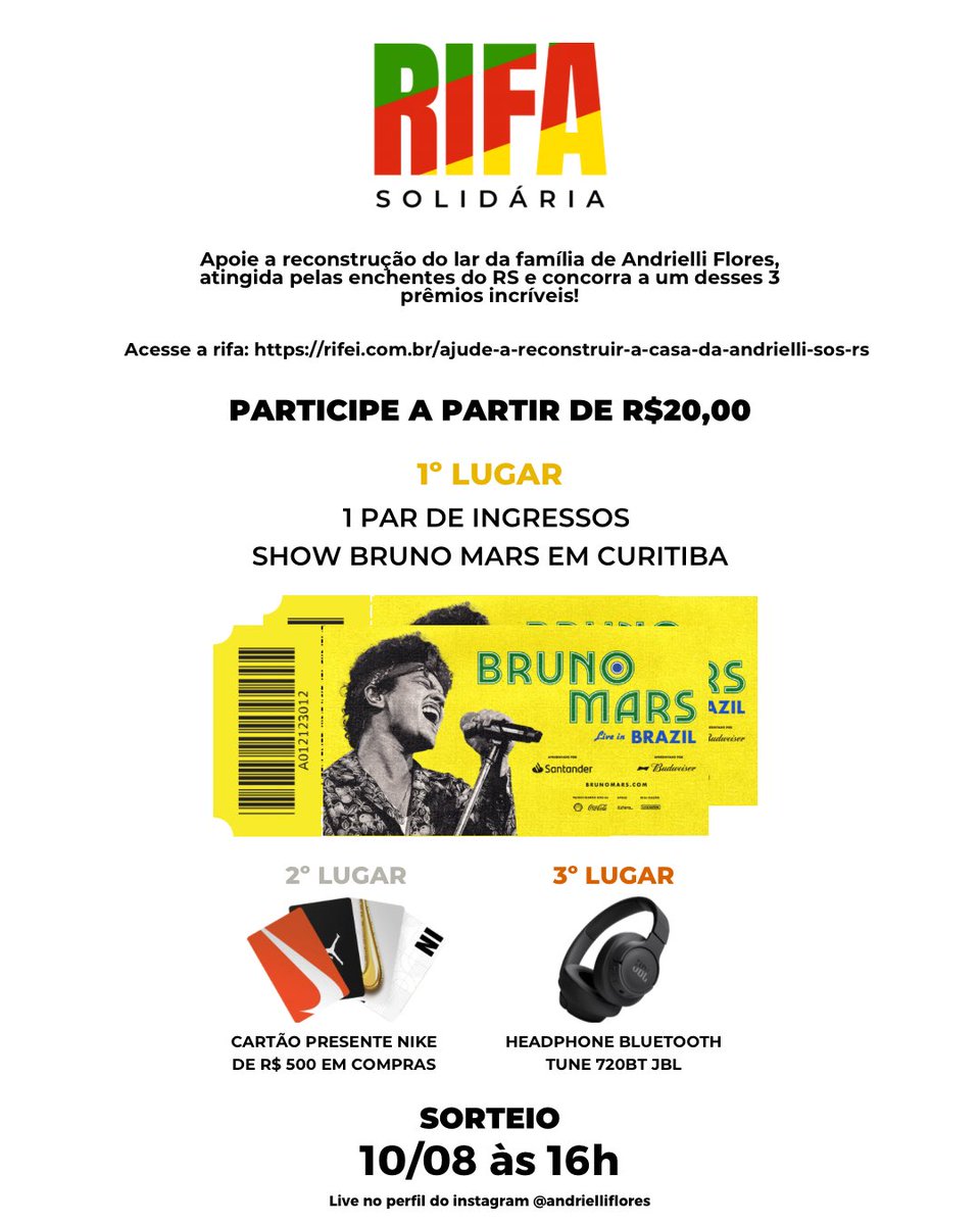 andrifloress's tweet photo. RIFA SOLIDÁRIA - SOS RS

Perdi tudo em função das enchentes que ocorreram no estado, a água chegou até a metade do meu telhado.

Me ajude a voltar pra casa e concorra a um par de ingressos para o show do Bruno Mars, além de mais dois prêmios incríveis!

https://t.co/sS2sFgzeKT https://t.co/vMRd2pI9Qg